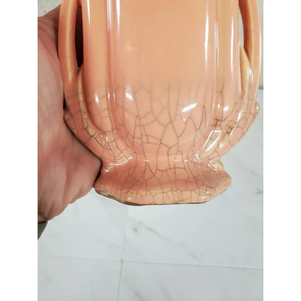McCoy Pottery Vase, Shape 105, Coral Pink Crackle Crazing Art Deco Mcm Mid Centu